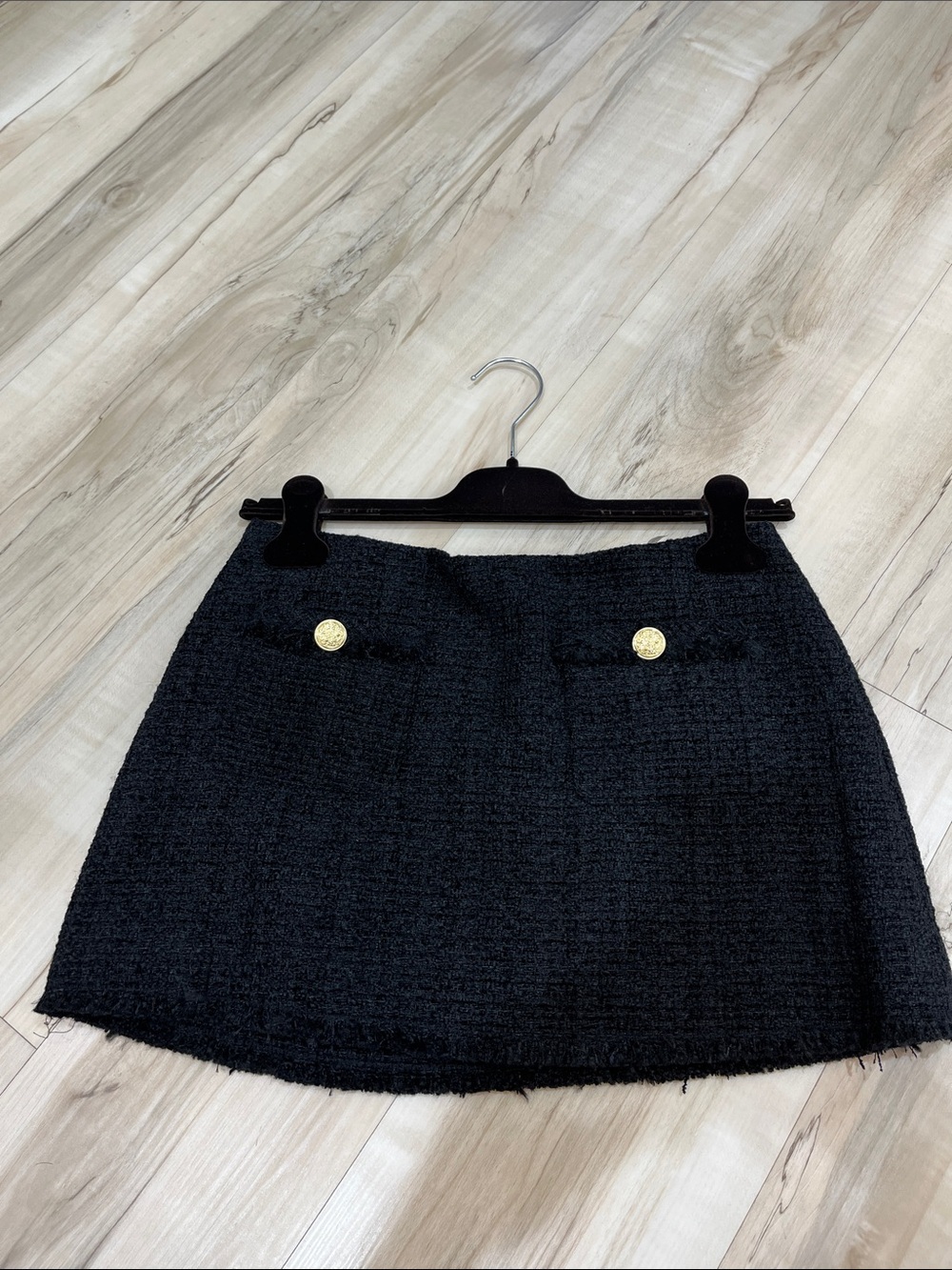 LoveShackFancy Black Tweed Mini Skirt with Gold Buttons